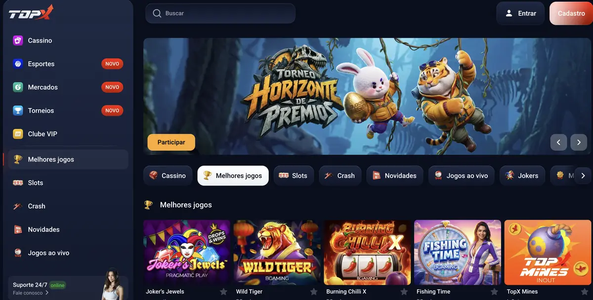 Página inicial da TopX com menu lateral e categorias de jogos